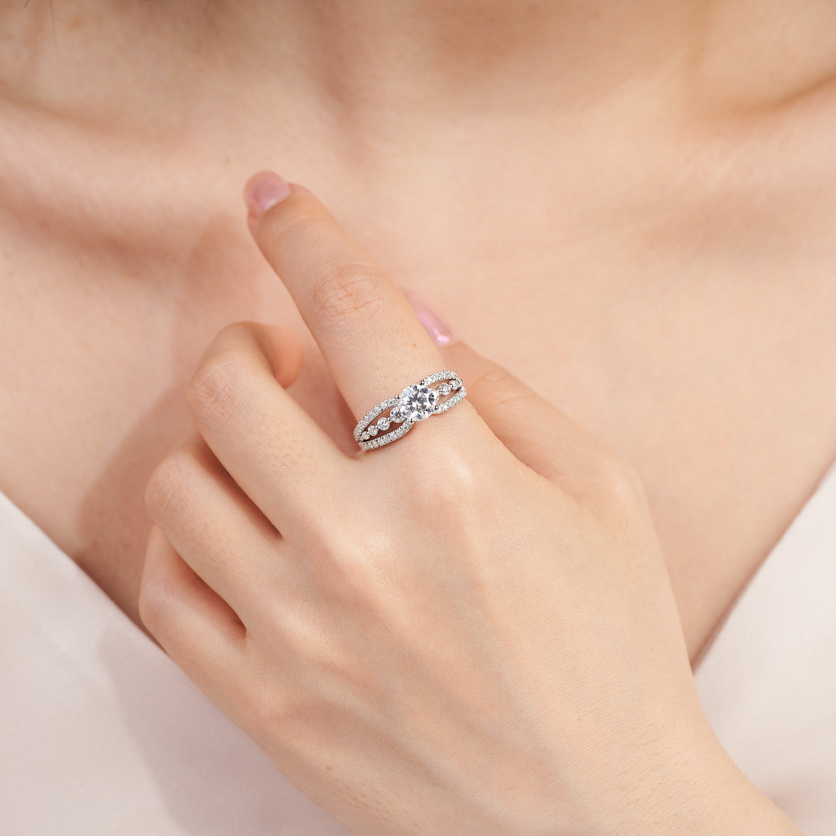 1CT Moissanite Split Shank 3 Rows Pave Engagement Ring for Women