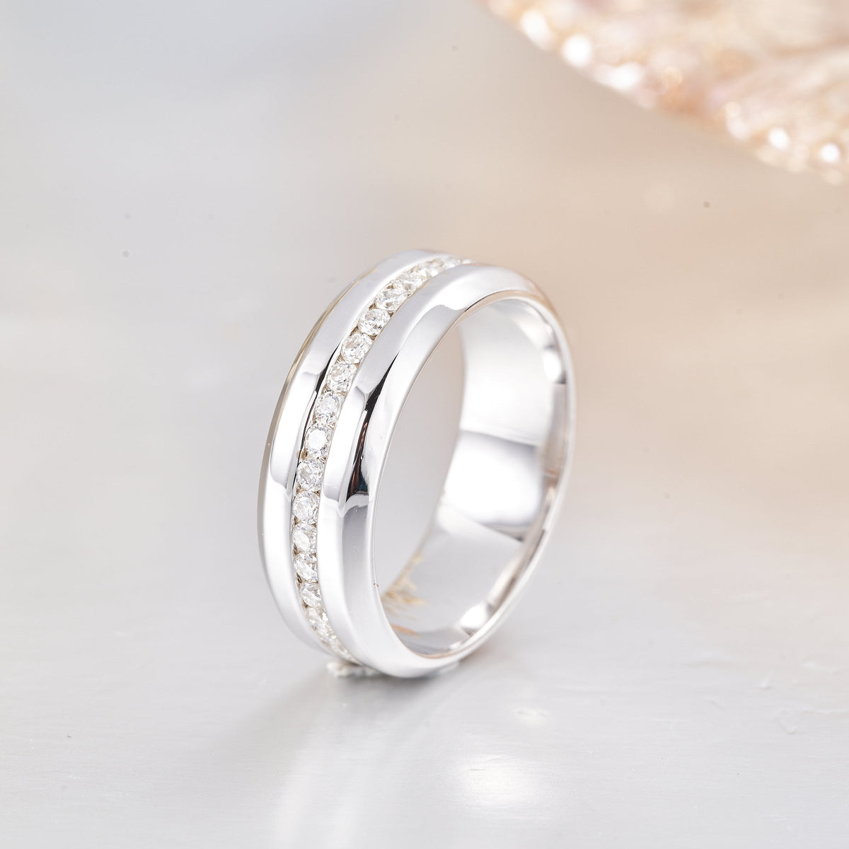 Wide Moissanite Wedding Band Sterling Silver Channel Set