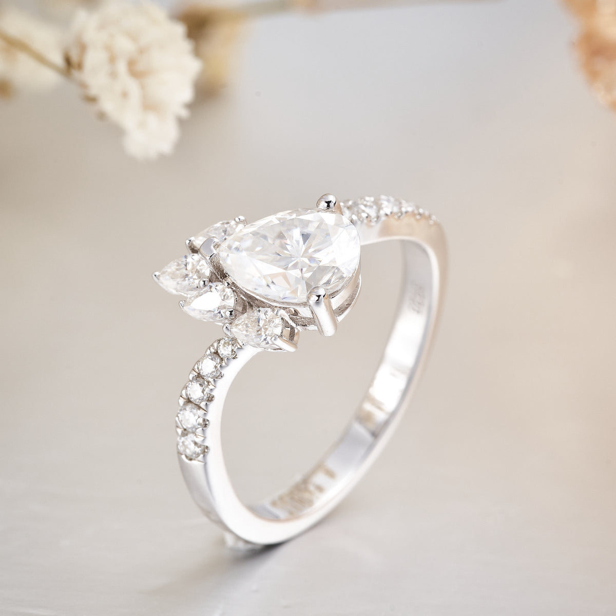 Moissanite Pear Shaped Engagement Ring for Women with Bypass Pave Band