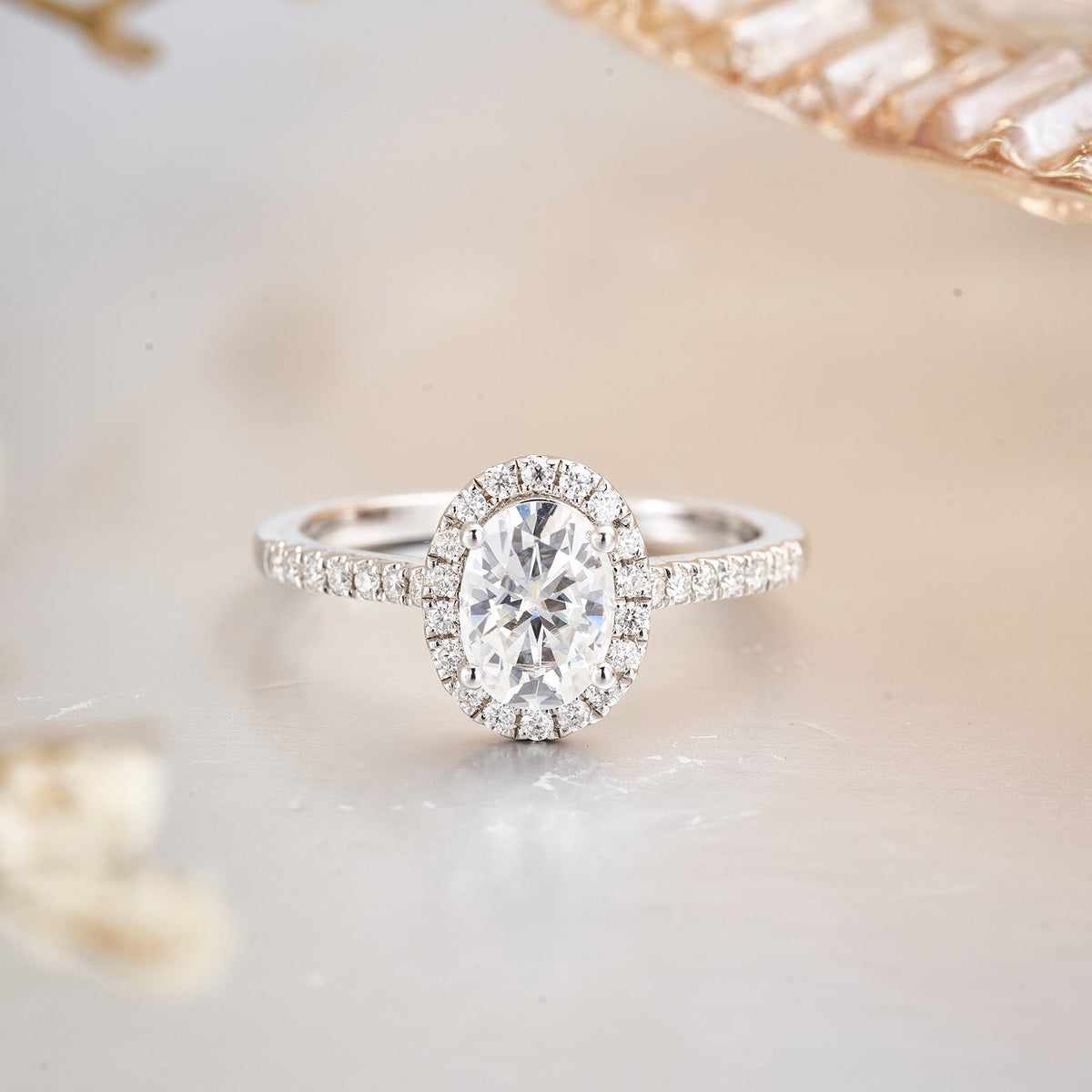Oval Halo Moissanite Sterling Silver Engagement Ring for Women