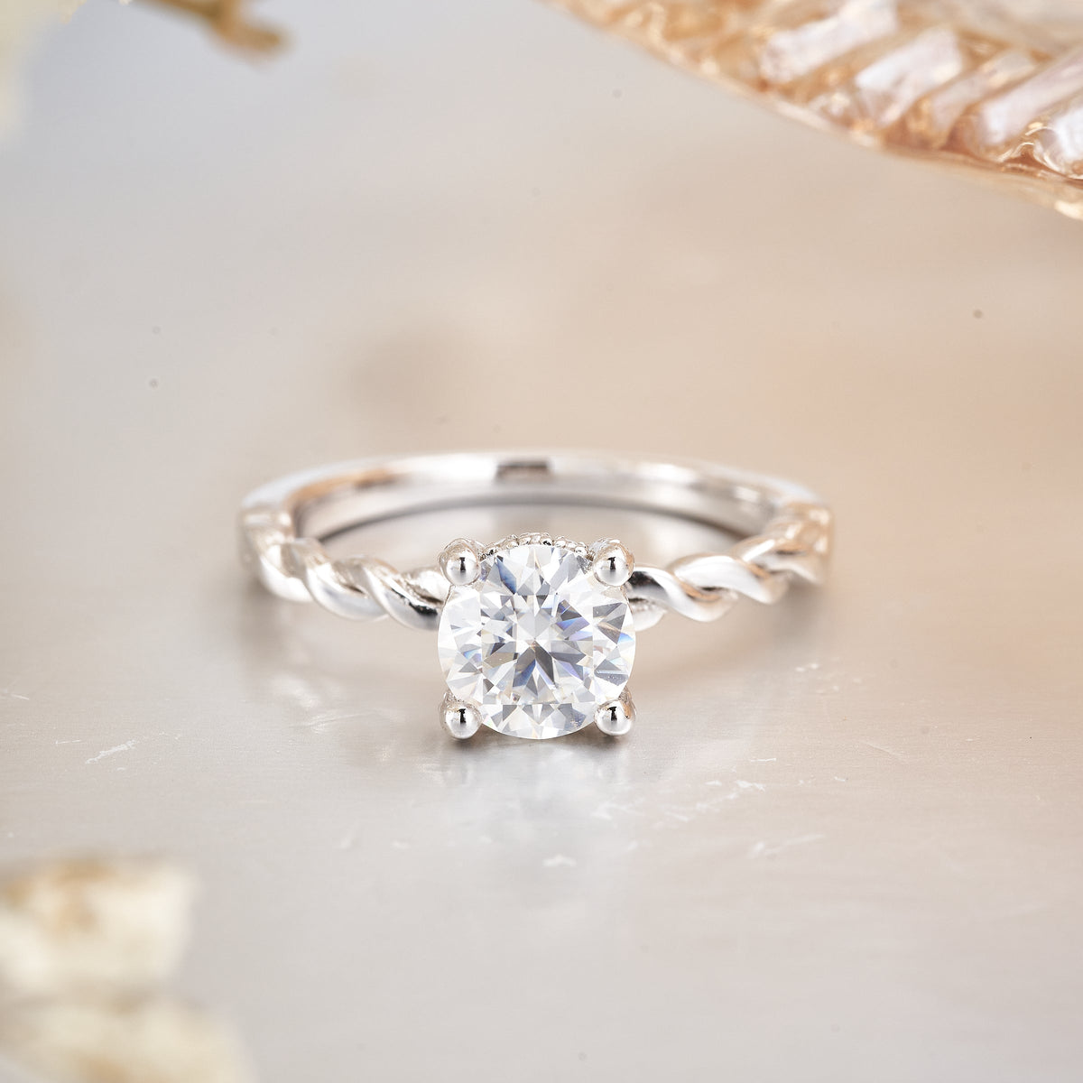 Moissanite Solitaire Twist Moissanite Engagement Ring with Hidden Halo
