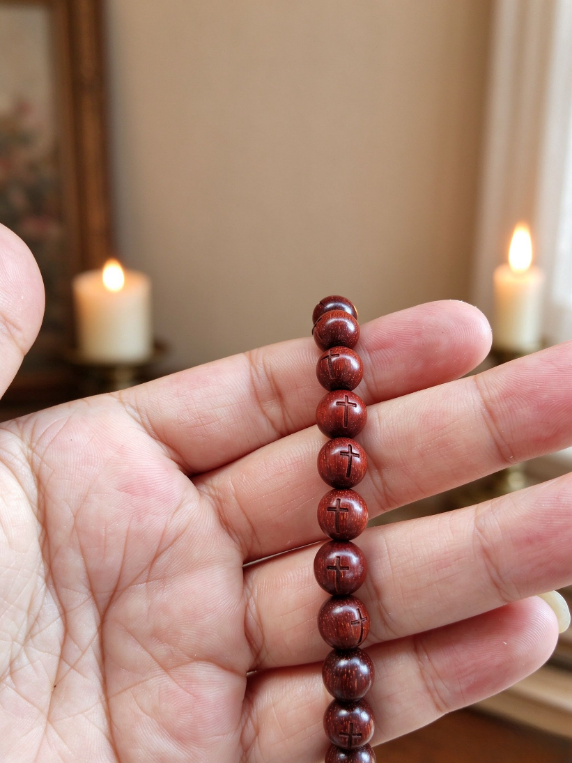 Wood Bead Bracelet for Women - 108 Stackable Beaded Bracelet to Wear with Watch, Cross Detail