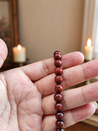 Wood Bead Bracelet for Women - 108 Stackable Beaded Bracelet to Wear with Watch, Cross Detail