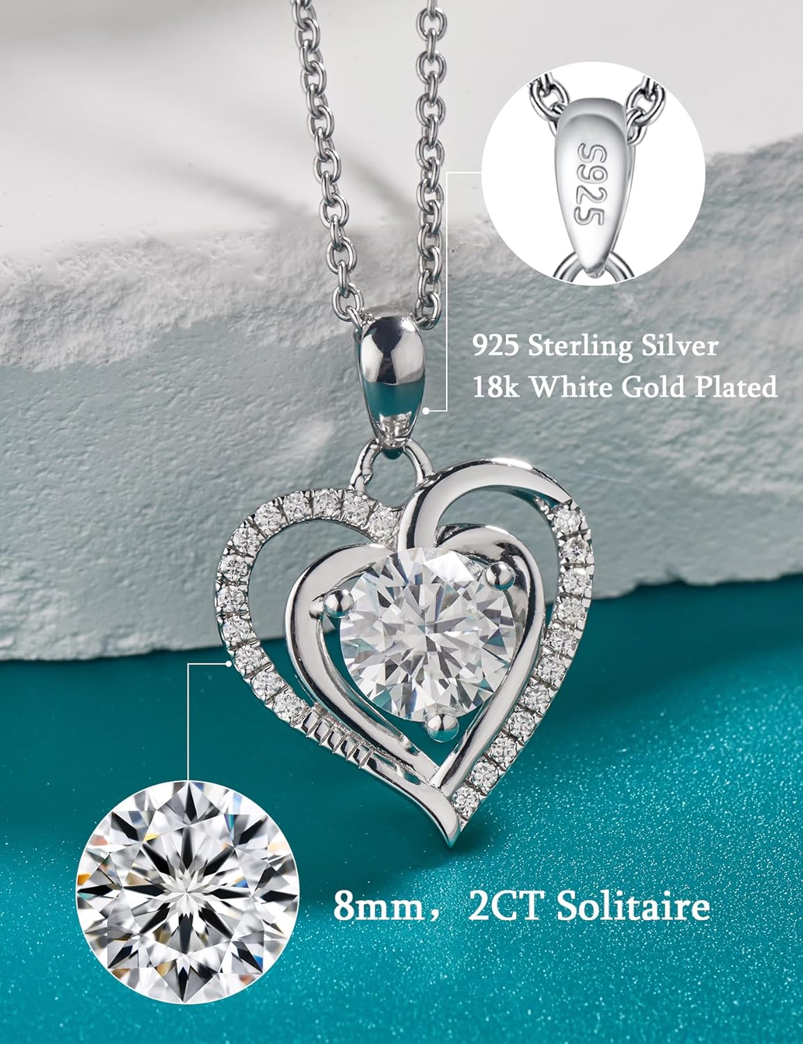 Heart Pendant Necklaces for Women 925 Sterling Silver with 1-2CT Moissanite