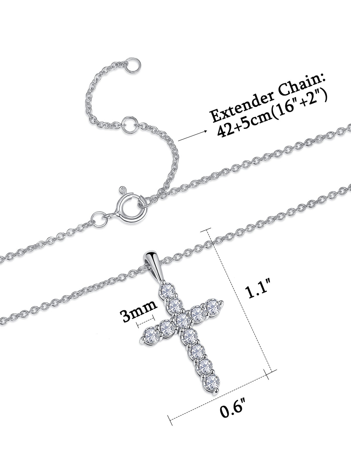 Moissanite Cross Pendent Necklace for Women in Sterling Silver 2.2MM/3MM