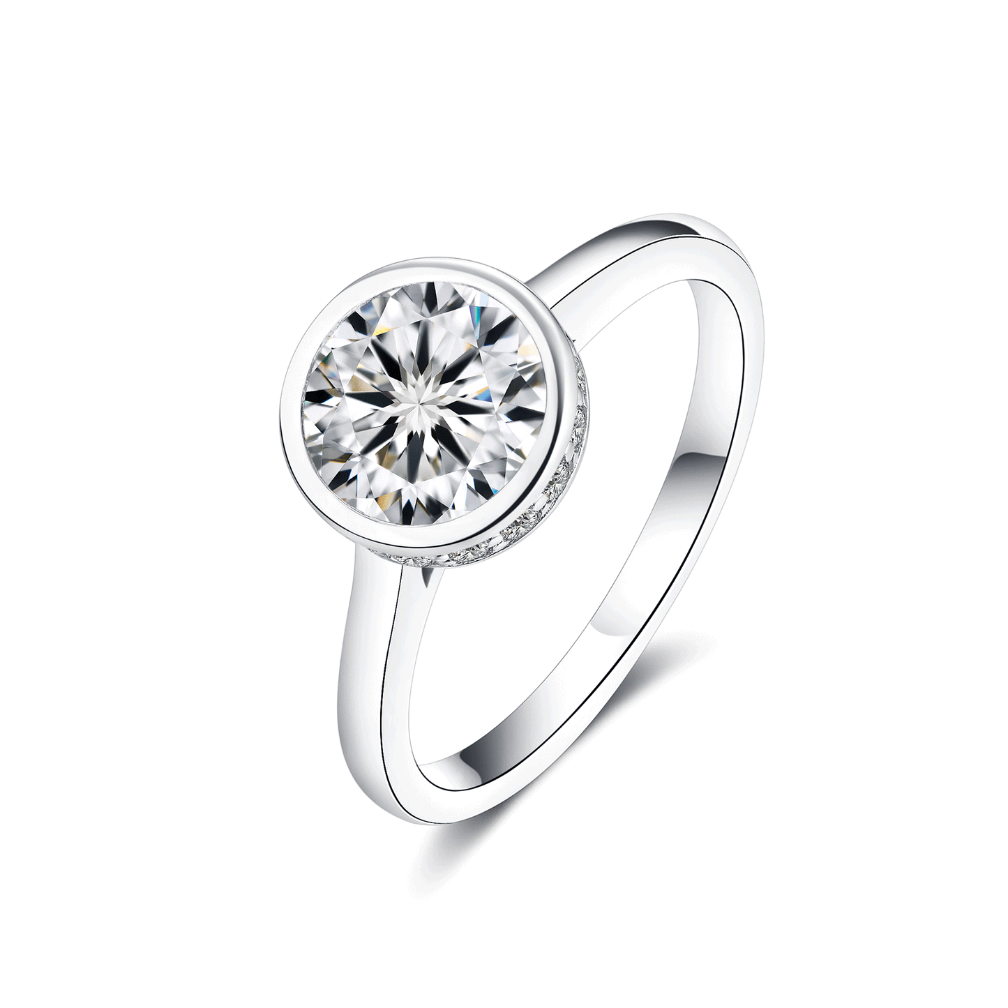 Solitaire Bezel Moissanite Hidden Halo Engagement Ring