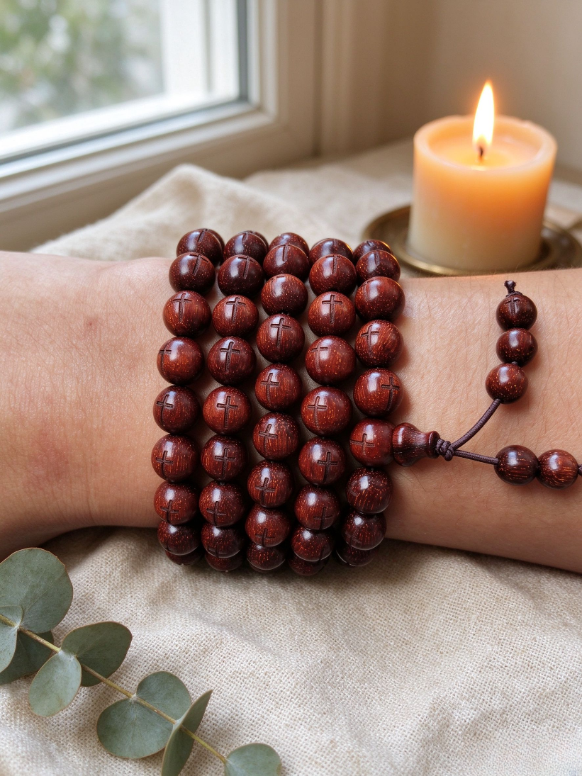 Wood Bead Bracelet for Women - 108 Stackable Beaded Bracelet to Wear with Watch, Cross Detail