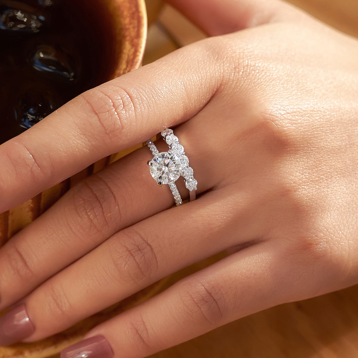 14K White Gold Moissanite Engagement Ring with Pave Band 1CT-3CT