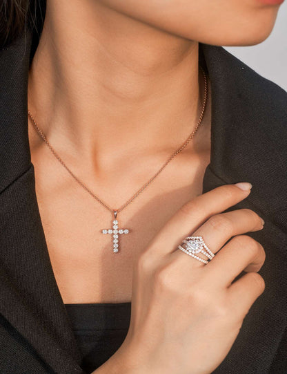 Moissanite Cross Pendent Necklace for Women in Sterling Silver 2.2MM/3MM