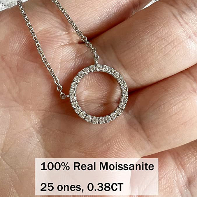 Moissanite Circle Pendant Necklace for Women in Sterling Silver 1.5cm/2.5cm