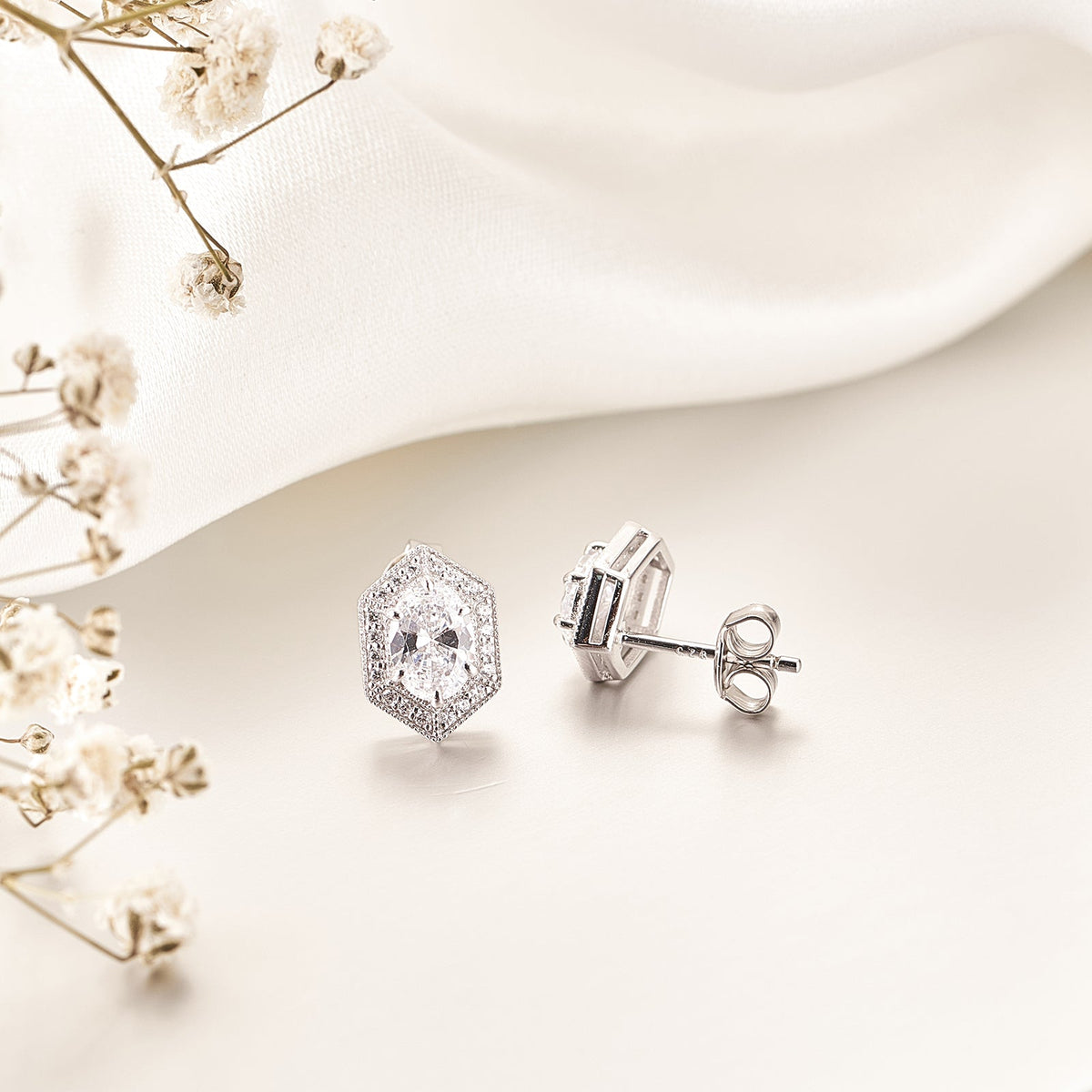 Moissanite Oval Cut Hexagon Halo Stud Earrings for Women
