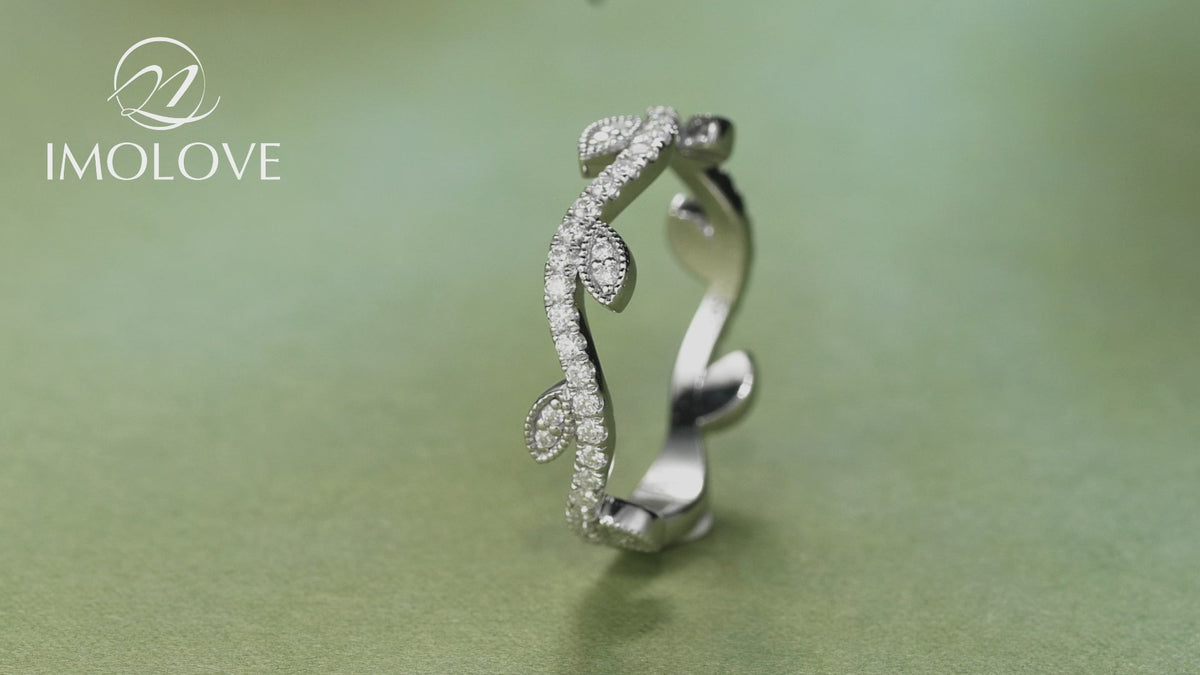 Moissanite Wedding Band Stackable Leaf Band Rings for Women